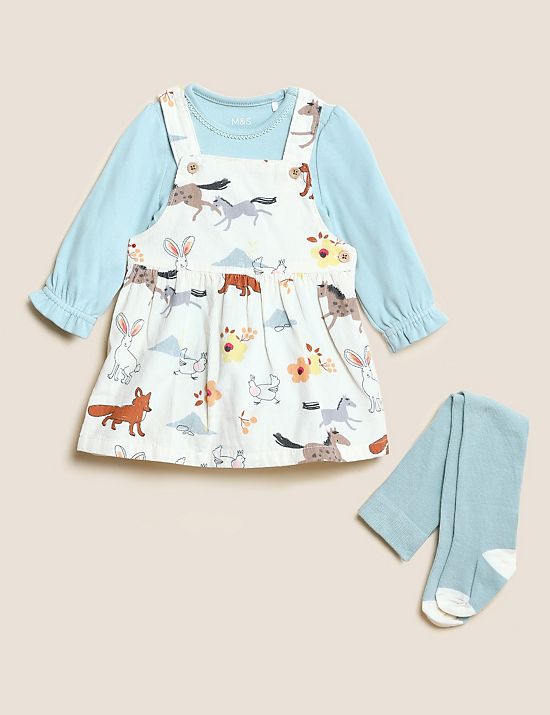 3pc Cotton Rich Woodland Pinafore Outfit (0-3 Yrs)