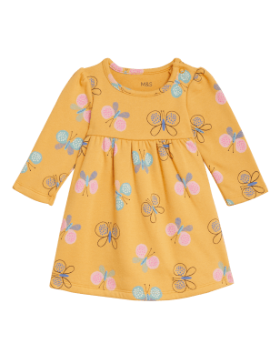 

M&S Collection Kleid mit hohem Baumwollanteil und Schmetterlingsmuster (0-3 J.) - Yellow, Yellow