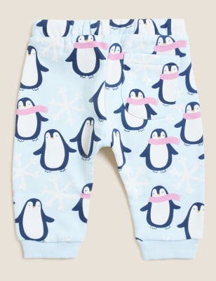 

M&S Collection Pantalón deportivo de algodón con estampado de pingüino (0-3 años) - Ice Blue, Ice Blue