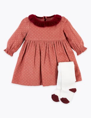 Robe en coton &agrave; imprim&eacute; pois et collants