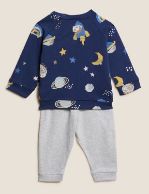M&S Boys 2pc Cotton Rich Space Top & Bottom Outfit (0-3 Yrs)