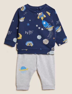 

M&S Collection 2-teiliges Outfit mit hohem Baumwollanteil, Top mit Weltallmuster und Hose (2-7 J.) - Light Indigo Mix, Light Indigo Mix