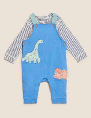 

M&S Collection 2-teiliges Latzhosen-Outfit mit hohem Baumwollanteil und Dinosauriermuster (0-3 J.) - Blue Mix, Blue Mix