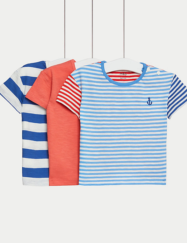 3pk Pure Cotton Plain & Striped T-Shirts (0-3 Yrs) - PT