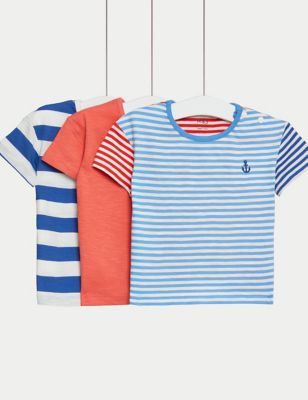 M&S Boys 3pk Pure Cotton Plain & Striped T-Shirts (0-3 Yrs) - 3-6 M - Multi, Multi
