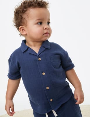 M&S Boys Pure Cotton Shirt (0-3 Yrs) - 0-3 M - Navy, Navy,Ivory