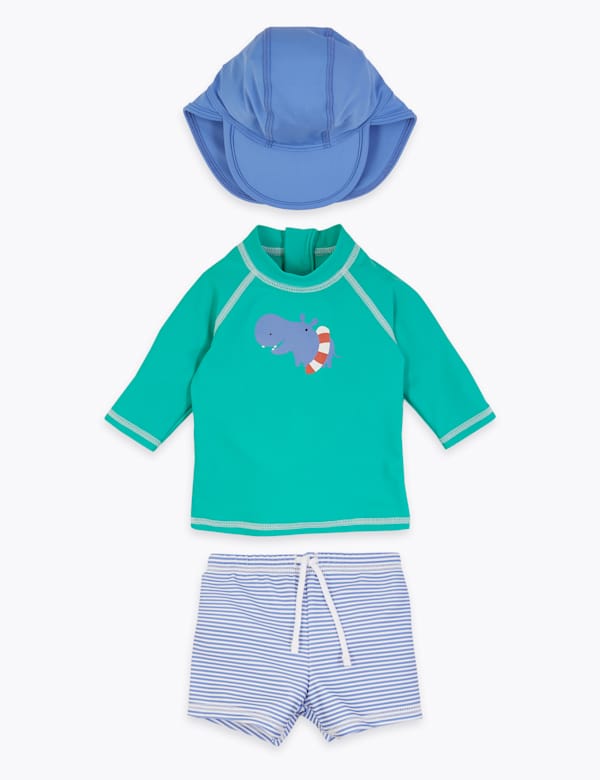 3 Piece Hippo Design Rash Vest Outfit (0-3 Yrs)