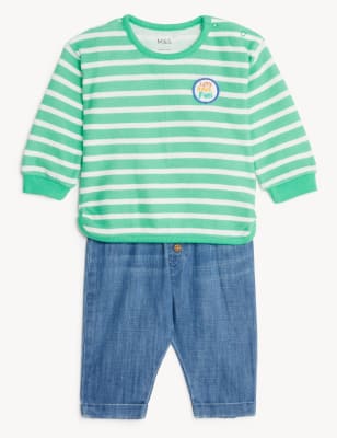 

M&S Collection 2-teiliges gestreiftes Outfit mit hohem Baumwollanteil (0-3 Jahre) - Denim, Denim