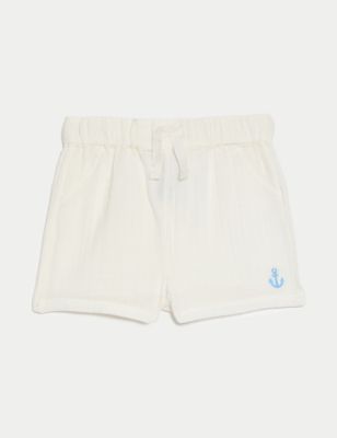 M&S Boys Pure Cotton Shorts (0-3 Yrs) - 0-3 M - Ivory, Ivory,Navy