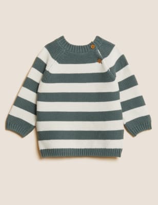 

M&S Collection Gestreifter Fischerpullover aus reiner Baumwolle (0-3 J.) - Green, Green