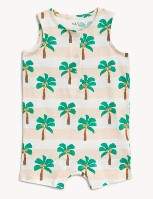 

M&S Collection Kurze Latzhose aus reiner Baumwolle mit Palmenmuster (0-3 Jahre) - Light Peach, Light Peach