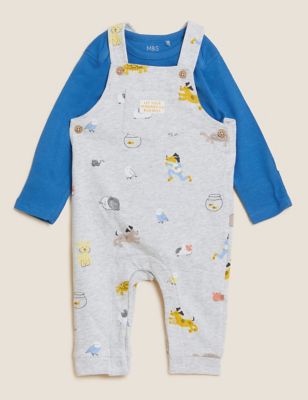

Boys M&S Collection 2pc Cotton Rich Printed Dungaree Outfit (0-3 Yrs) - Grey Marl, Grey Marl