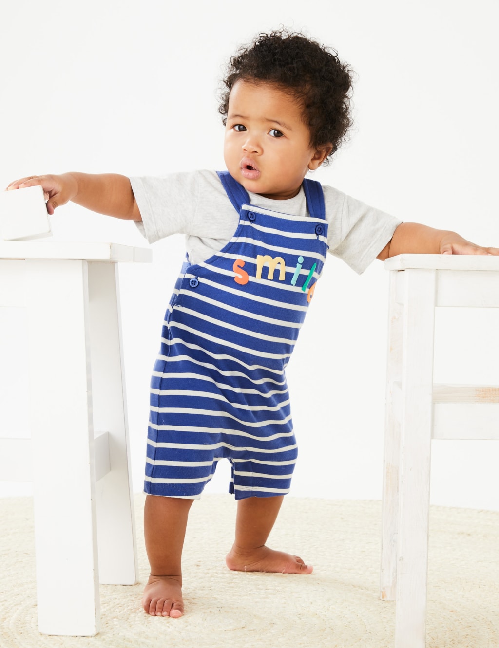 Pure Cotton Smile Slogan Striped Dungarees (0-3 Yrs) image 1