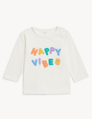

M&S Collection Oberteil aus reiner Baumwolle mit Schriftzug „Happy Vibes“ (0-3 J.) - White Mix, White Mix