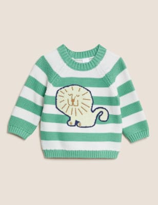 

Boys M&S Collection Pure Cotton Stripe Lion Jumper (0-3 Yrs) - Green, Green