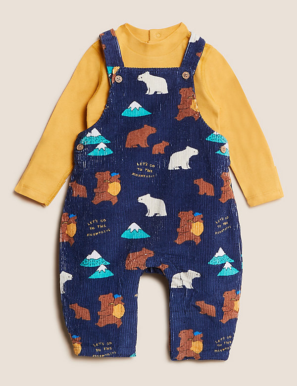 2pc Pure Cotton Bear Print Dungaree Outfit (0 -3 Yrs) - LU