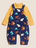 2pc Pure Cotton Bear Print Dungaree Outfit (0 -3 Yrs)