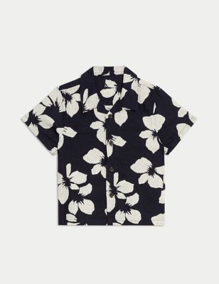M&S Boys Linen Rich Mini Me Floral Shirt (0 Mths-3 Yrs) - 3-6 M - Navy Mix, Navy Mix