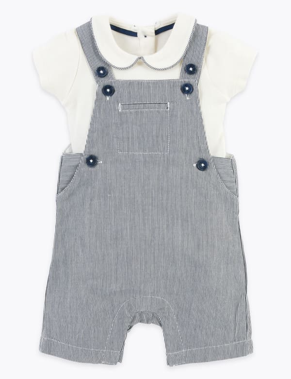 2 Piece Cotton Rich Striped Dungarees Outfit (0-36 Mths)