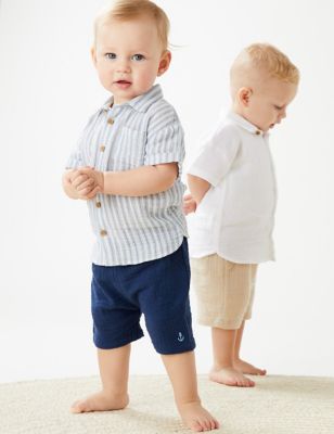 M&S Boys Pure Cotton Shorts (0-3 Yrs) - 3-6 M - Navy, Navy,Blue Mix,White