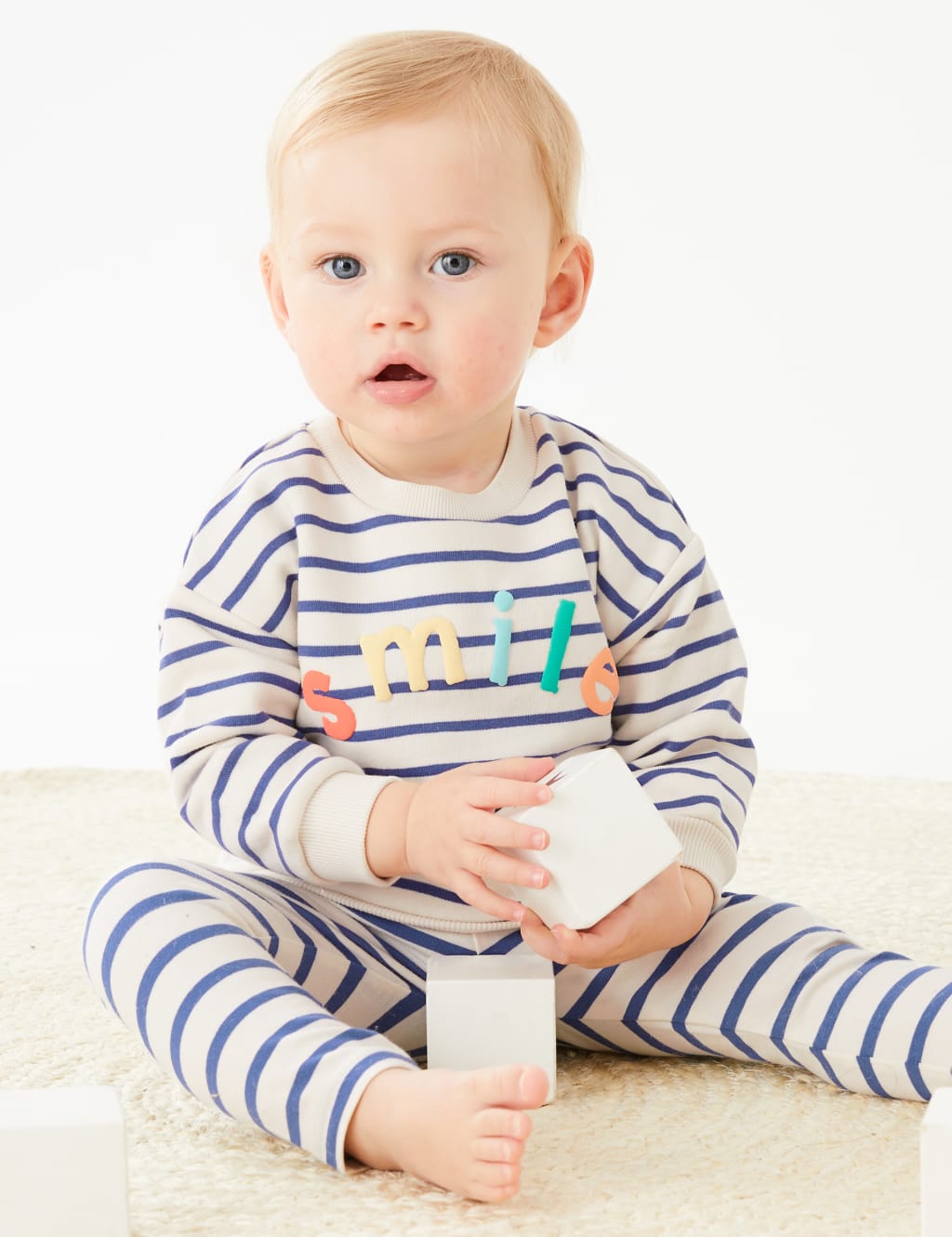 Cotton Rich Striped Smile Slogan Sweatshirt (0-3 Yrs) image 4