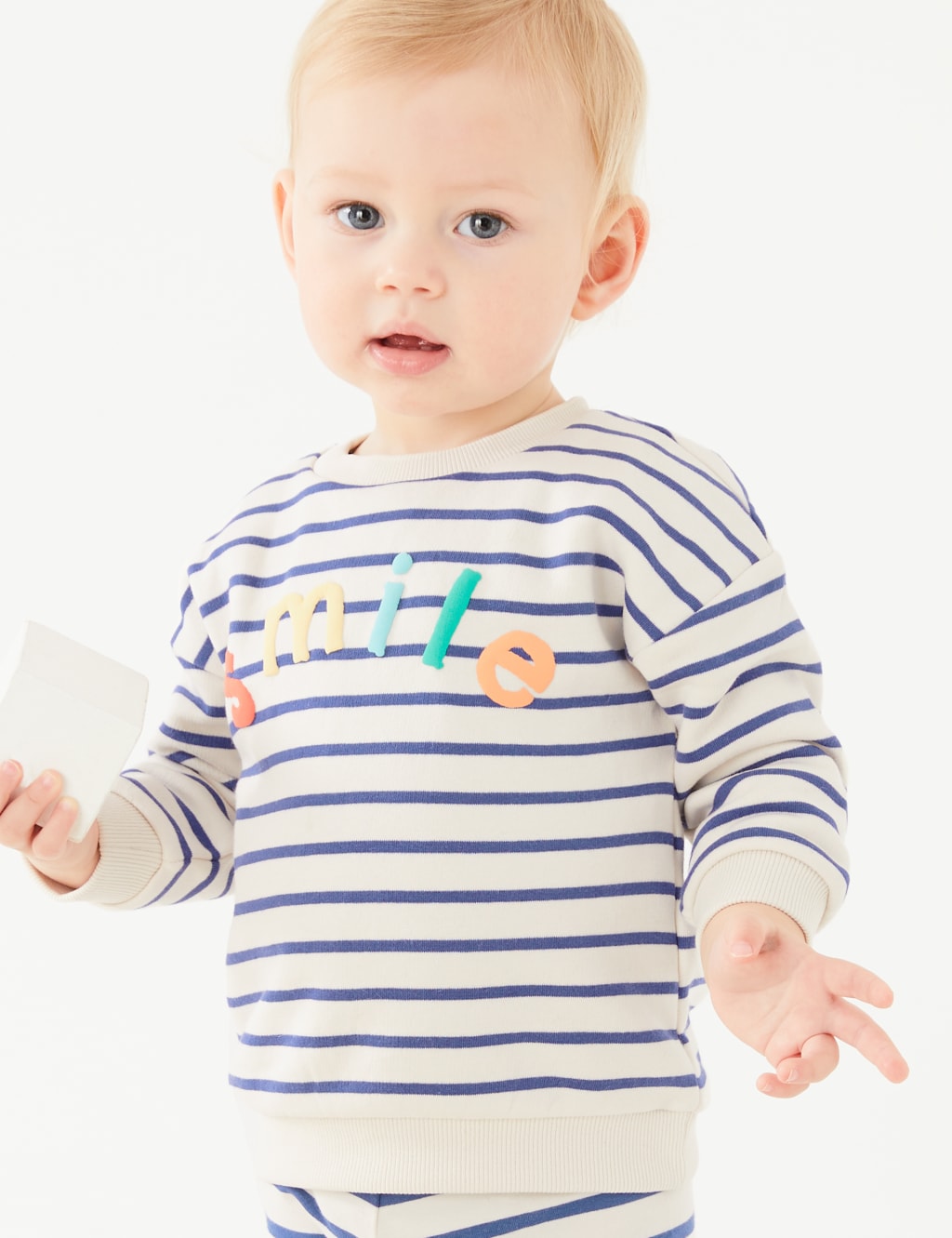 Cotton Rich Striped Smile Slogan Sweatshirt (0-3 Yrs) image 5