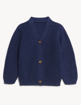 M&S Boys Pure Cotton Knitted Cardigan (0-3 Yrs) - 3-6 M - Indigo, Indigo