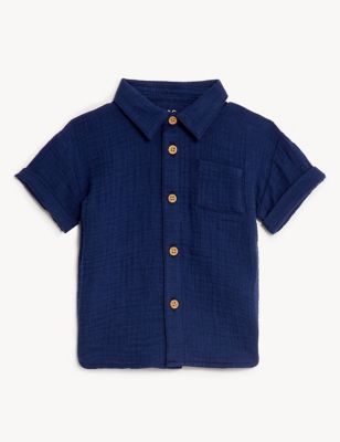 M&S Boys Pure Cotton Shirt (0-3 Yrs) - 3-6 M - Indigo, Indigo,Azure Blue,White
