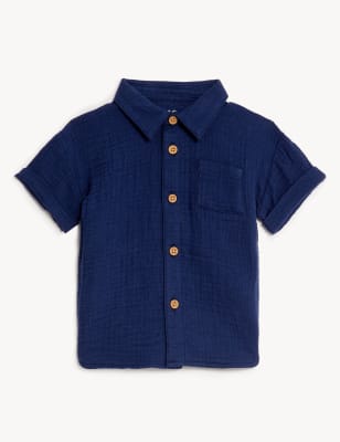 M&S Boys Pure Cotton Shirt (0-3 Yrs) - 3-6 M - Indigo, Indigo,Azure Blue,White