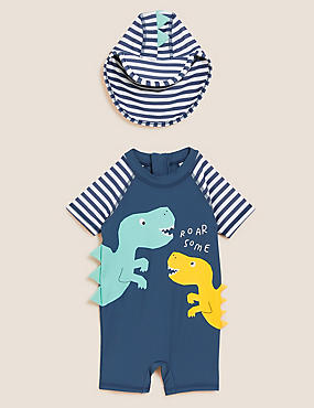 恐龍圖案連身泳衣與帽子套裝（0 至 3 歲）