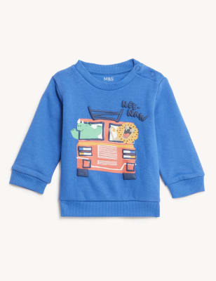 

M&S Collection Pullover mit hohem Baumwollanteil und Fahrzeug- und Tiermuster (0-3 J.) - Blue, Blue