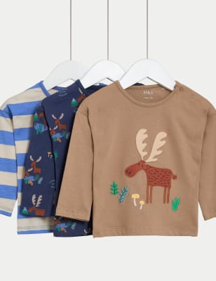 3pk Pure Cotton Moose & Striped Tops (0-3 Yrs) - KR