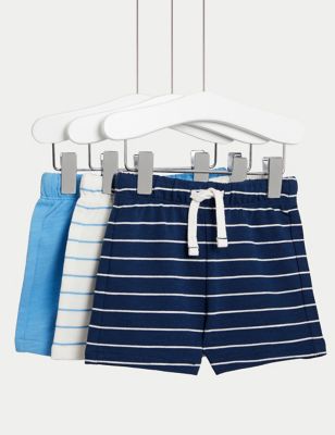 M&S Boys 3pk Pure Cotton Striped Shorts (0-3 yrs) - 0-3 M - Blue Mix, Blue Mix