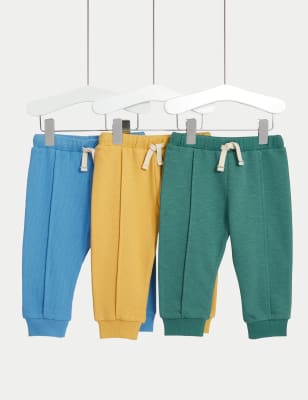 M&S Boys 3pk Cotton Rich Joggers (0-3 Yrs) - 9-12M - Multi, Multi