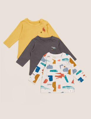 

M&S Collection Pack de 3 tops 100% algodón con estampado de dinosaurios (0-3 años) - Gold Mix, Gold Mix