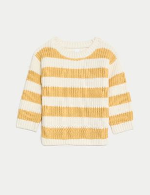 M&S Boys Pure Cotton Striped Knitted Jumper (0-3 Yrs) - 0-3 M - Yellow Mix, Yellow Mix