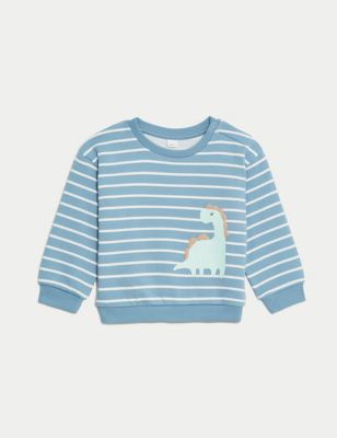 M&S Boy's Cotton Rich Striped Dinosaur Sweatshirt (0-3 Yrs) - 3-6 M - Blue Mix, Blue Mix