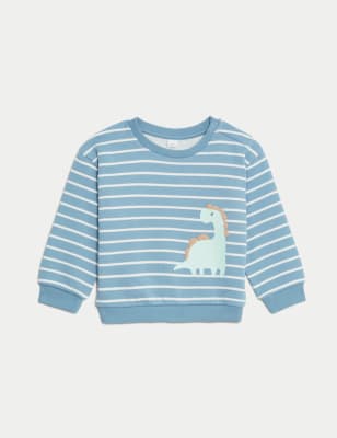 M&S Boys Cotton Rich Striped Dinosaur Sweatshirt (0-3 Yrs) - 3-6 M - Blue Mix, Blue Mix