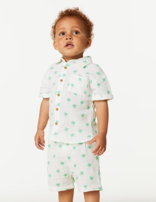 

M&S Collection Set aus Hemd und Shorts aus reiner Baumwolle mit Palmenmuster (0-3 J.) - White Mix, White Mix