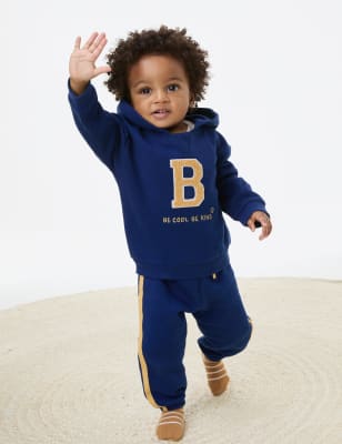 M&S Boys 2pc Cotton Rich Slogan Hooded Outfit (0-3 Yrs) - 0-3 M - Dark Blue, Dark Blue