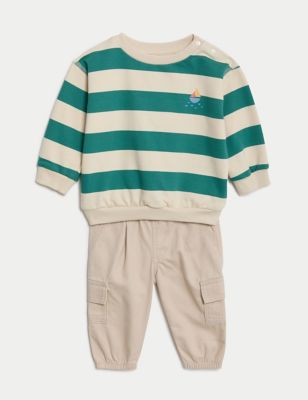 M&S Boys 2pc Cotton Rich Striped Sweater Outfit (0-3 Yrs) - 3-6 M - Green Mix, Green Mix