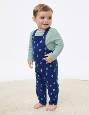 2pc Cotton Rich Boat Print Dungaree Outfit (0-3 Yrs)