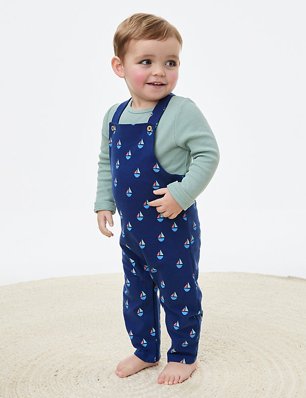2pc Cotton Rich Boat Print Dungaree Outfit (0-3 Yrs) - IS