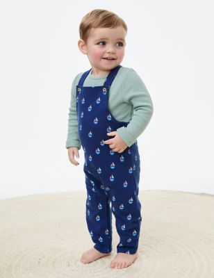 M&S Boys 2pc Cotton Rich Boat Print Dungaree Outfit (0-3 Yrs) - 2-3Y - Blue Mix, Blue Mix