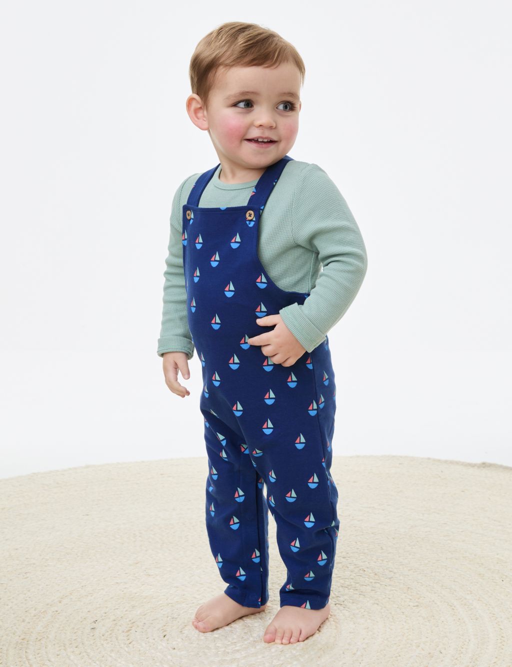 2pc Cotton Rich Boat Print Dungaree Outfit (0-3 Yrs) image 1
