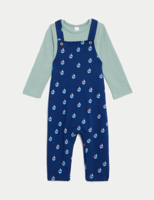 2pc Cotton Rich Boat Print Dungaree Outfit (0-3 Yrs)