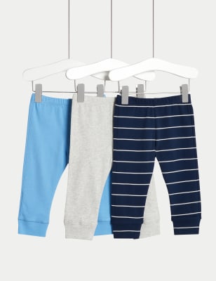 M&S Boys 3pk Pure Cotton Striped Leggings (0-3 Yrs) - 3-6 M - Blue Mix, Blue Mix