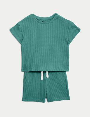 M&S Boys 2pc Cotton Rich Outfit (0-3 Yrs) - 0-3 M - Green, Green,Charcoal,Blue,Brown
