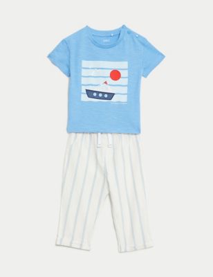 M&S Boys 2pc Pure Cotton Boat Striped Outfit (0-3 Yrs) - 3-6 M - Blue Mix, Blue Mix