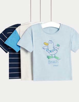 M&S Boy's 3pk Pure Cotton Beach T-Shirts (0-3 Yrs) - 0-3 M - Blue Mix, Blue Mix